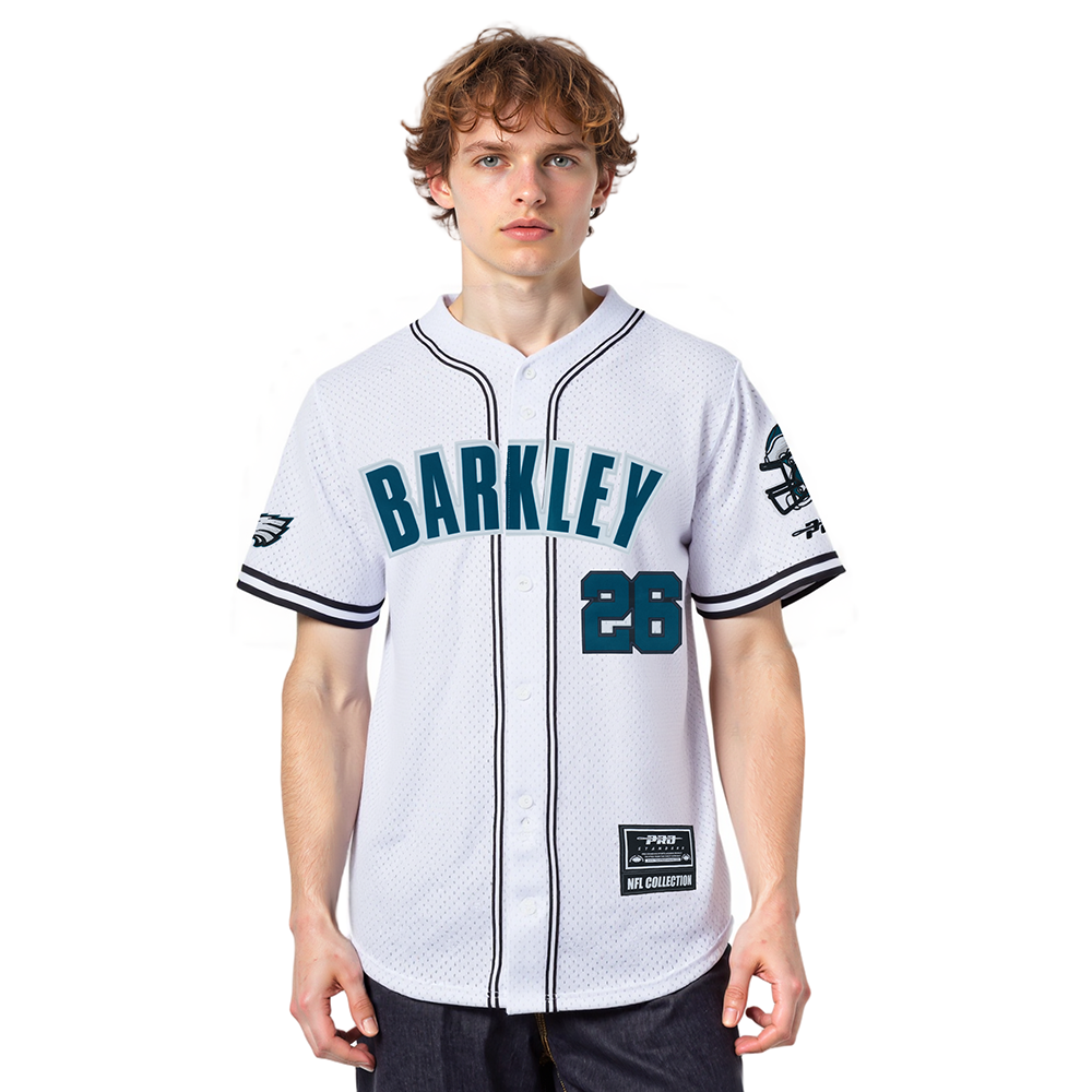 NFL PHILADELPHIA EAGLES SAQUON BARKLEY #26 CLASSIC MESH PNN CHEMISE BOUTONNÉE EN FILET POUR HOMME (BLANC/NOIR/BLANC)