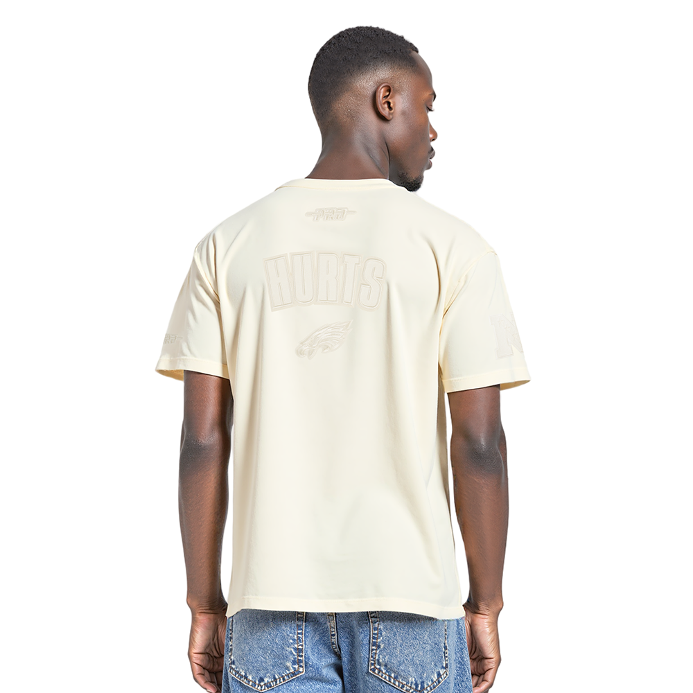 NFL PHILADELPHIA EAGLES JALEN HURTS #1 NEUTRAL PNN MEN'S CJ DROP SHOULDER TEE (EGGSHELL)