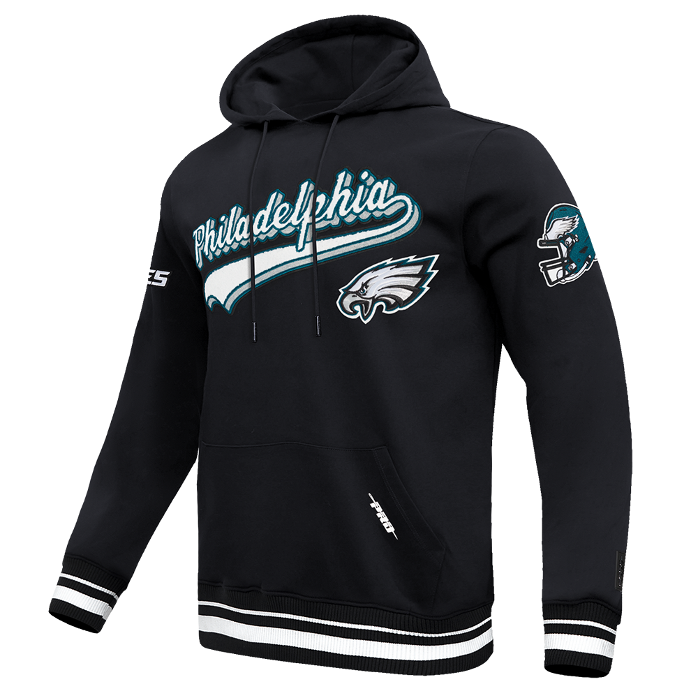 NFL PHILADELPHIA EAGLES SCRIPT TAIL MEN'S RIB FLEECE PULLOVER HOODIE (BLACK)