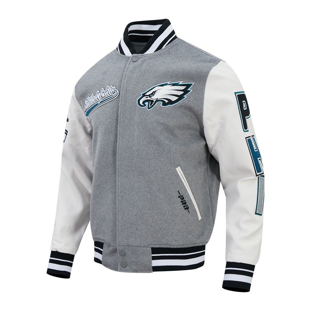 NFL PHILADELPHIA EAGLES SCRIPT TAIL BLOUSON COLLÉGIAL POUR HOMME (GRIS CHINÉ/BLANC/NOIR)