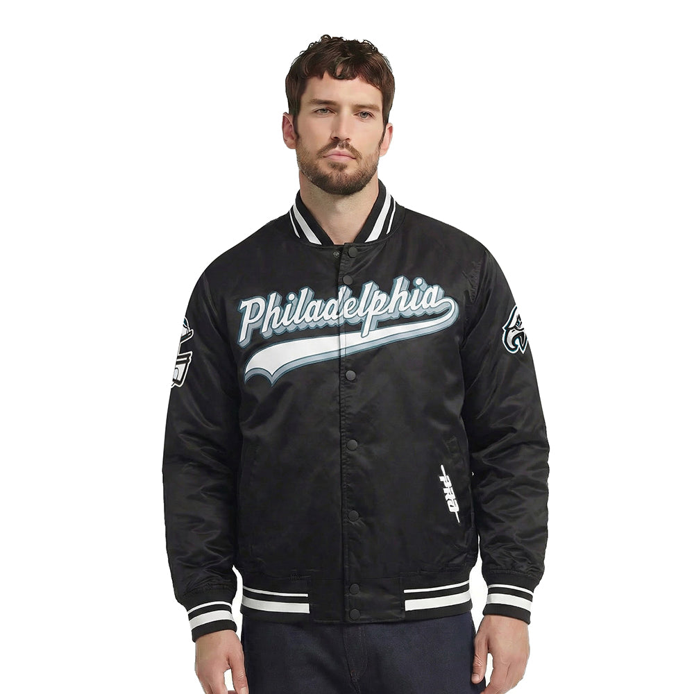 NFL PHILADELPHIA EAGLES SCRIPT TAIL BLOUSON EN SATIN POUR HOMME (NOIR)