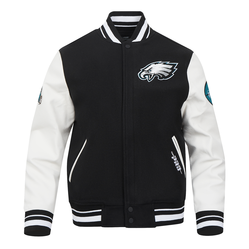 NFL PHILADELPHIA EAGLES OLD ENGLISH BLOUSON COLLÉGIAL EN LAINE À BORDS CÔTELÉS POUR HOMME (NOIR/BLANC)