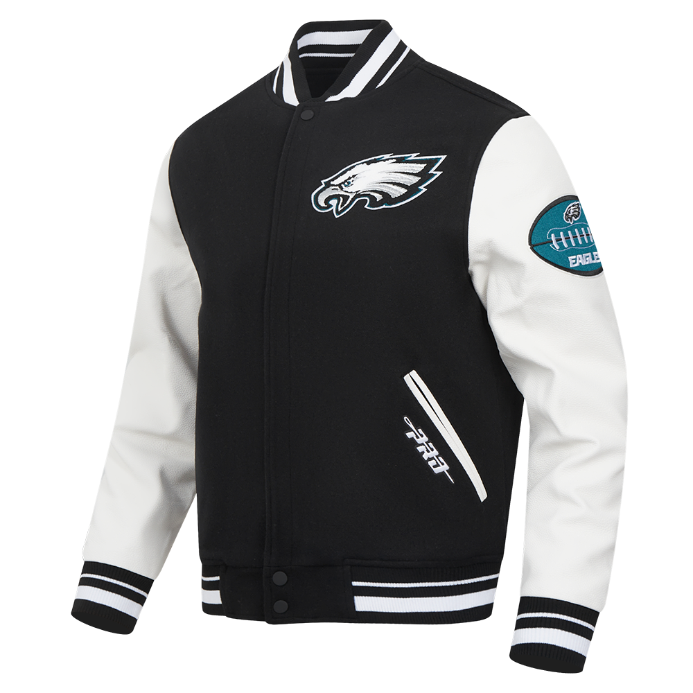 NFL PHILADELPHIA EAGLES OLD ENGLISH BLOUSON COLLÉGIAL EN LAINE À BORDS CÔTELÉS POUR HOMME (NOIR/BLANC)
