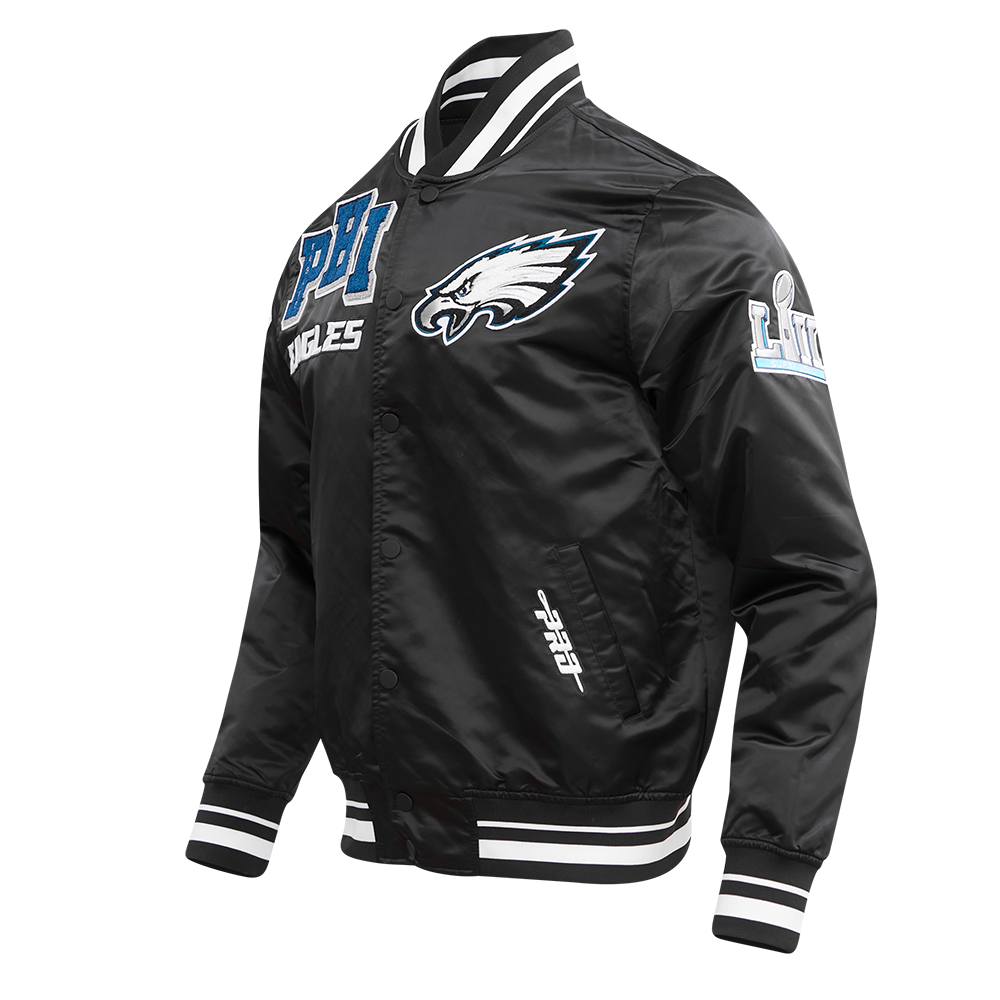 NFL PHILADELPHIA EAGLES MASH UP BLOUSON EN SATIN À BORDS CÔTELÉS POUR HOMME (NOIR)