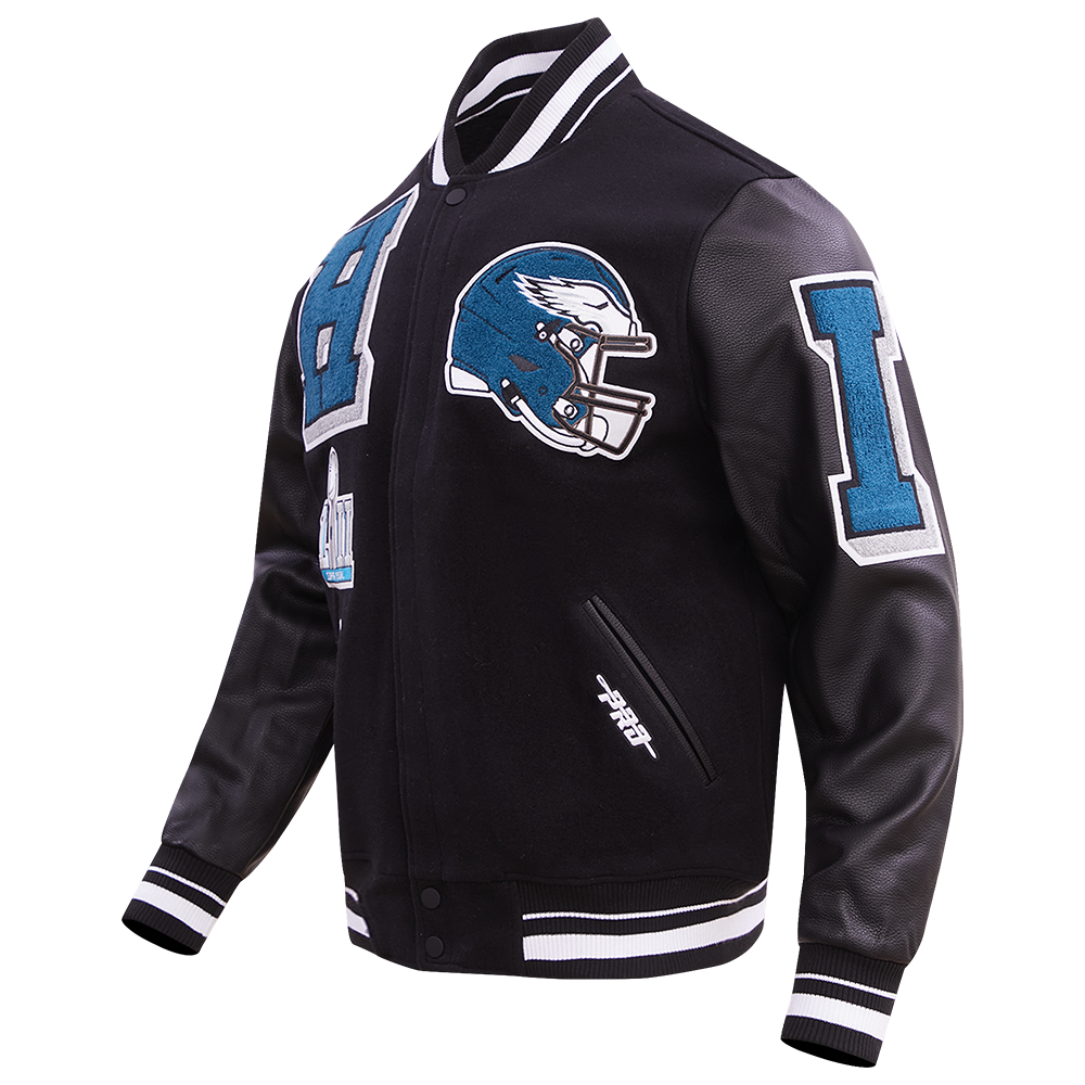 NFL PHILADELPHIA EAGLES MASH UP MEN'S RIB WOOL VARSITY JACKET (BLACK)