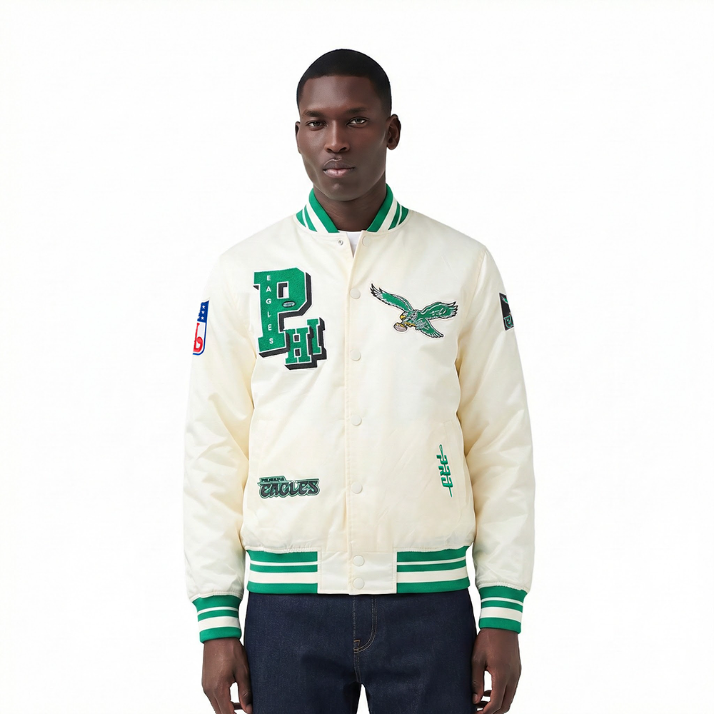 NFL PHILADELPHIA EAGLES BEST OF MEN'S RIB SATIN JACKET (EGGSHELL/ KELLY GREEN)