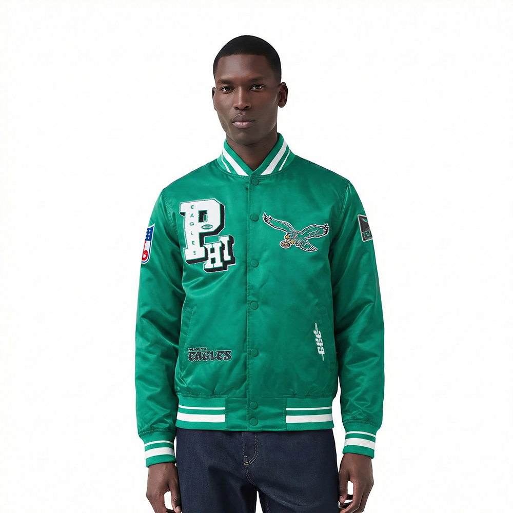 NFL PHILADELPHIA EAGLES BEST OF BLOUSON EN SATIN À BORDS CÔTELÉS POUR HOMME (VERT KELLY)