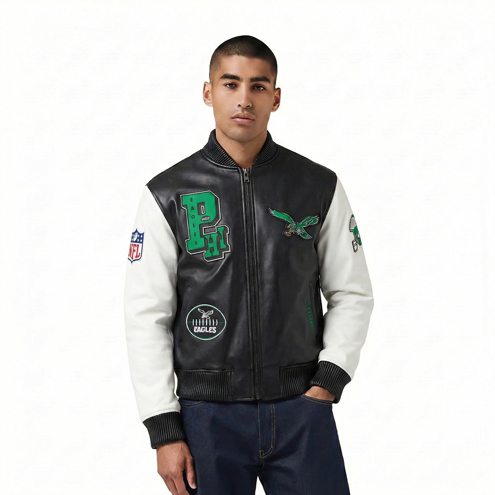 NFL PHILADELPHIA EAGLES BEST OF MEN'S LEATHER VARSITY JACKET (BLACK/WHITE)