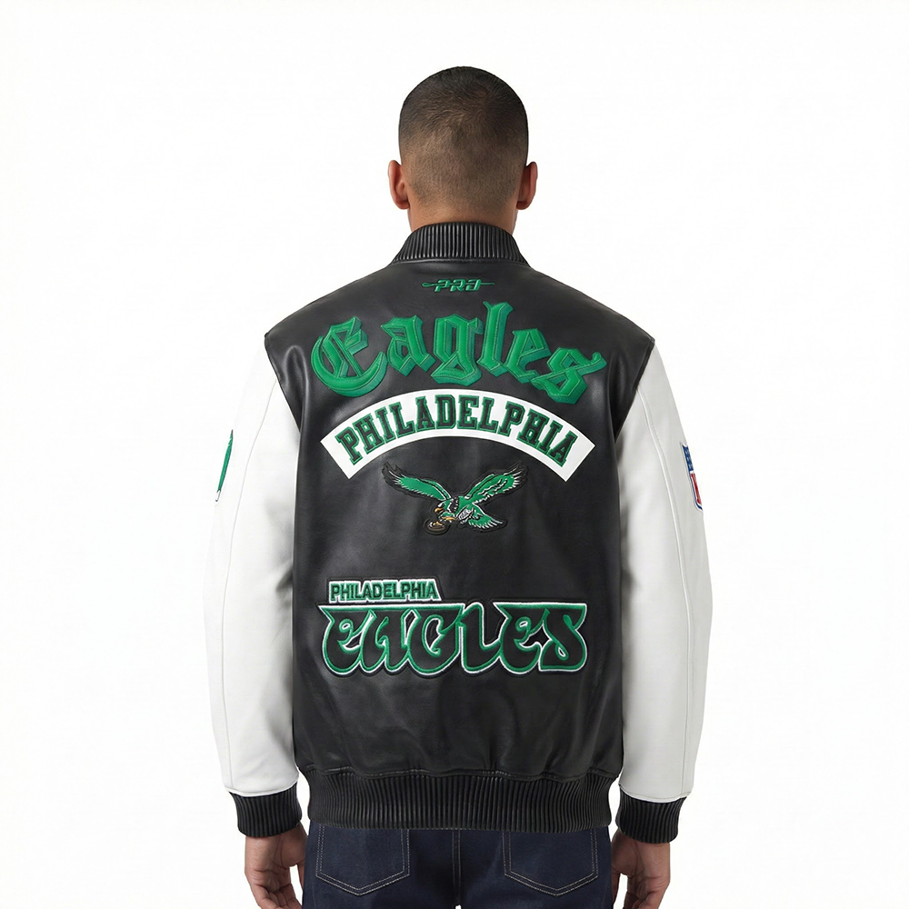 NFL PHILADELPHIA EAGLES BEST OF MEN'S LEATHER VARSITY JACKET (BLACK/WHITE)