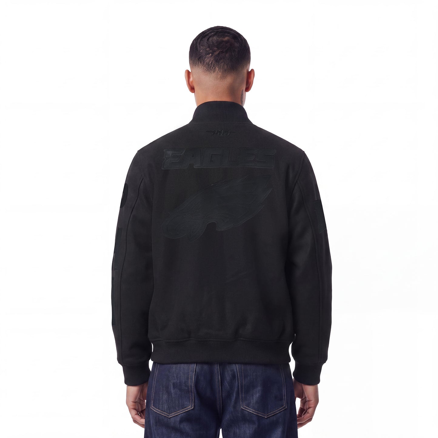 NFL PHILADELPHIA EAGLES WASHED VANGUARD MEN'S ALL WOOL VARSITY JACKE (BLACK)