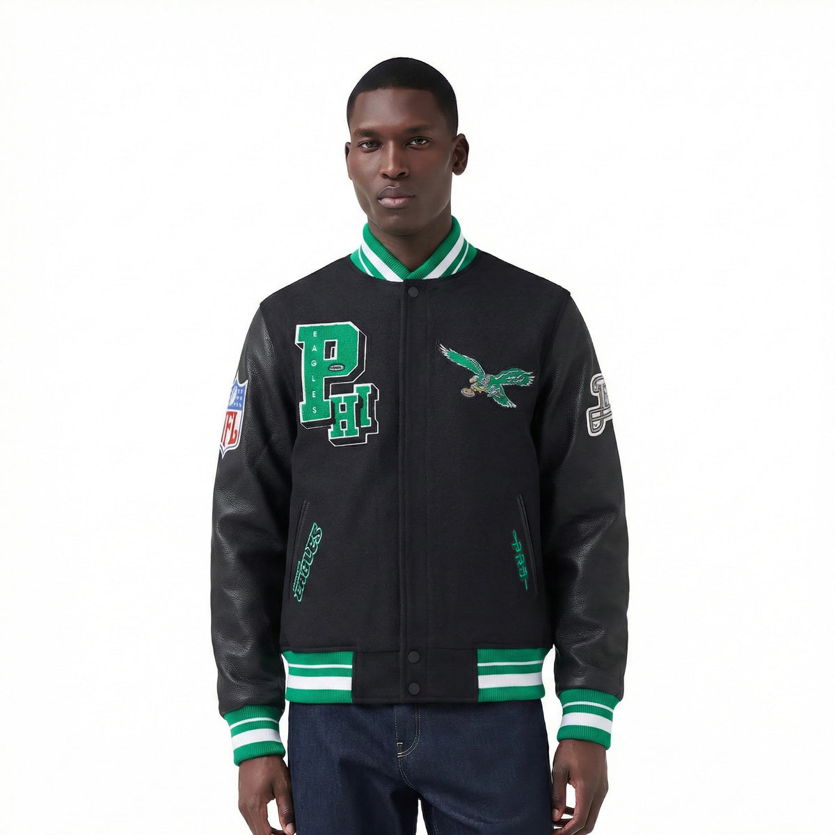 NFL PHILADELPHIA EAGLES BEST OF MEN'S RIB WOOL VARSITY JACKET (BLACK/GREEN)