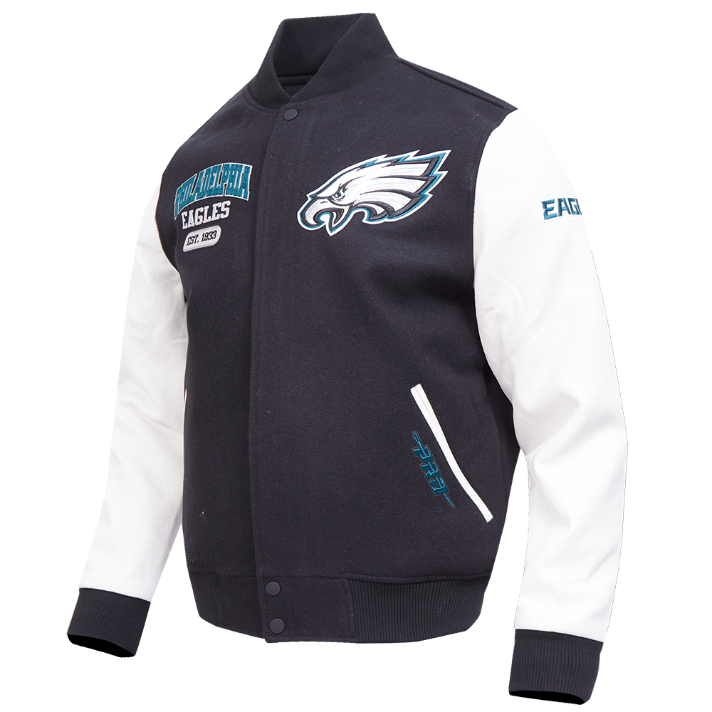 NFL PHILADELPHIA EAGLES CITY ARCH MEN'S WOOL VARSITY JACKET (BLACK/WHITE M60030)