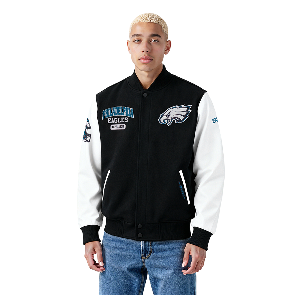 NFL PHILADELPHIA EAGLES CITY ARCH MEN'S WOOL VARSITY JACKET (BLACK/WHITE M60030)