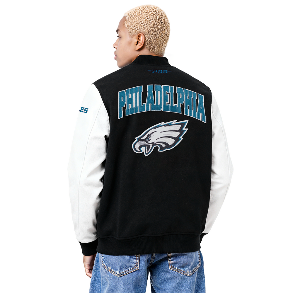 NFL PHILADELPHIA EAGLES CITY ARCH MEN'S WOOL VARSITY JACKET (BLACK/WHITE M60030)