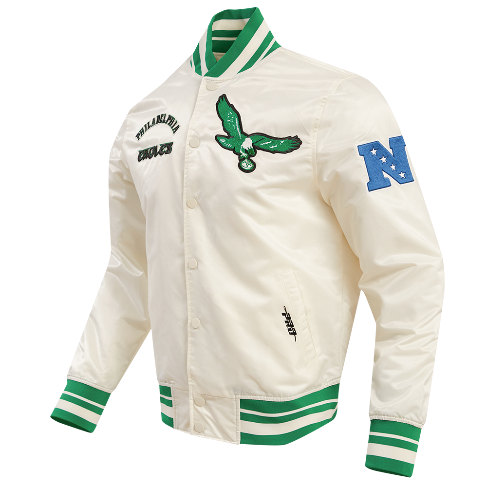 NFL PHILADELPHIA EAGLES RETRO CLASSIC MEN'S RIB SATIN JACKET (EGGSHELL/ KELLY GREEN)