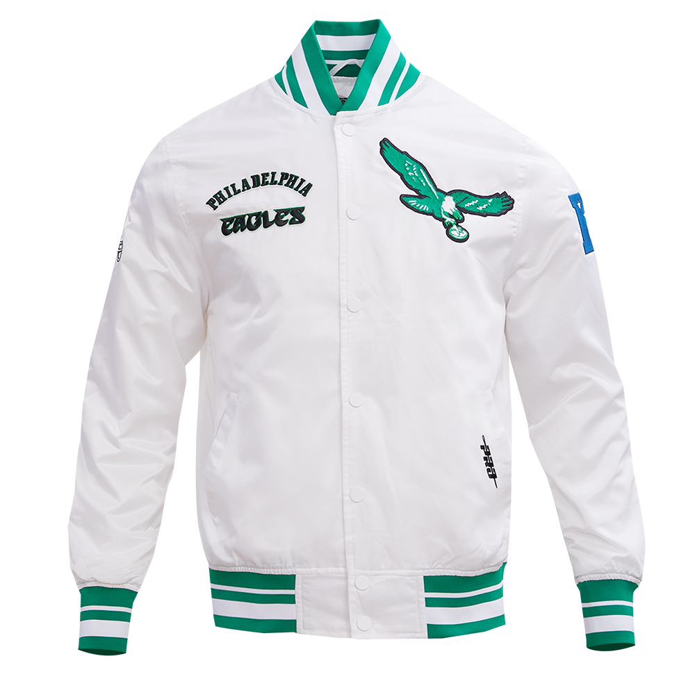 NFL PHILADELPHIA EAGLES RETRO CLASSIC MEN'S RIB SATIN JACKET (WHITE/KELLY GREEN)