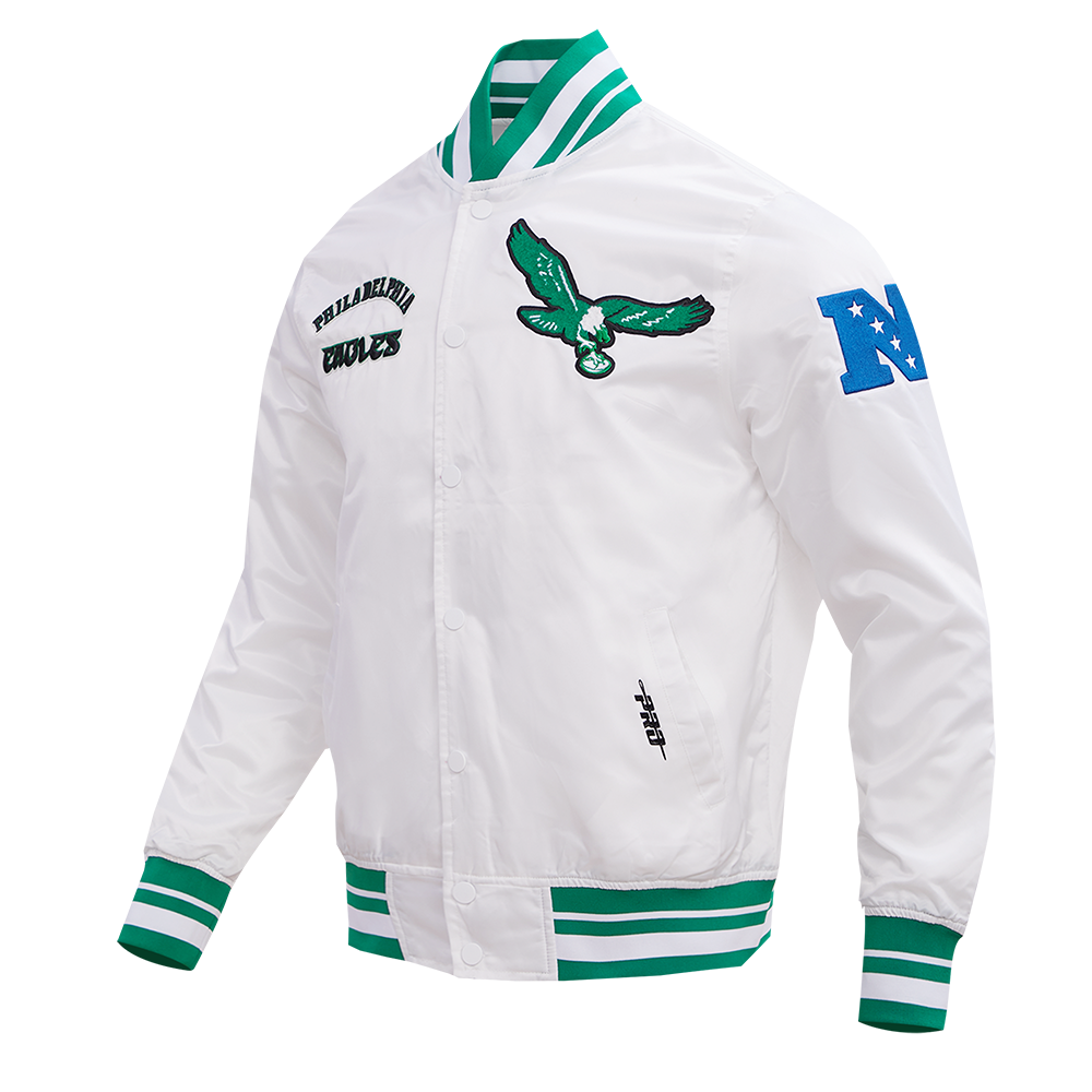 NFL PHILADELPHIA EAGLES RETRO CLASSIC MEN'S RIB SATIN JACKET (WHITE/KELLY GREEN)