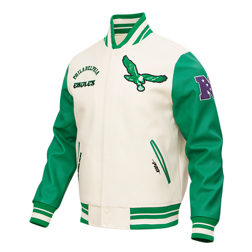 NFL PHILADELPHIA EAGLES RETRO CLASSIC MEN'S RIB WOOL VARSITY JACKET (EGGSHELL/ KELLY GREEN)
