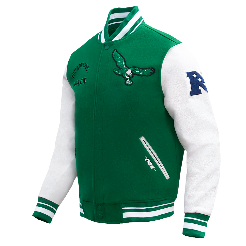 NFL PHILADELPHIA EAGLES RETRO CLASSIC MEN'S RIB WOOL VARSITY JACKET (KELLY GREEN/ WHITE)