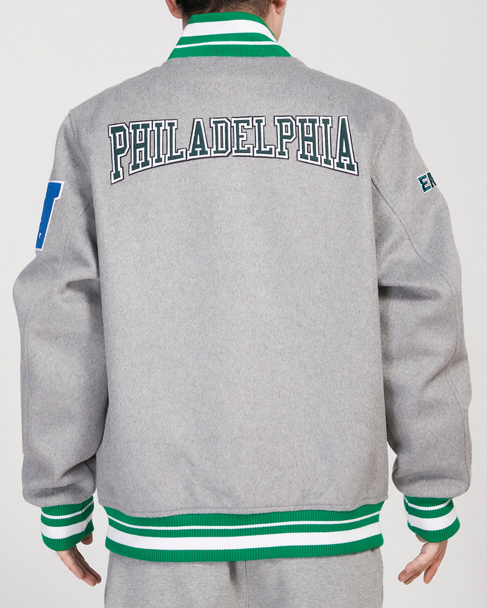 NFL PHILADELPHIA EAGLES CREST EMBLEM MEN'S WOOL VARSITY JACKET (HEATHER GREY/GREEN)