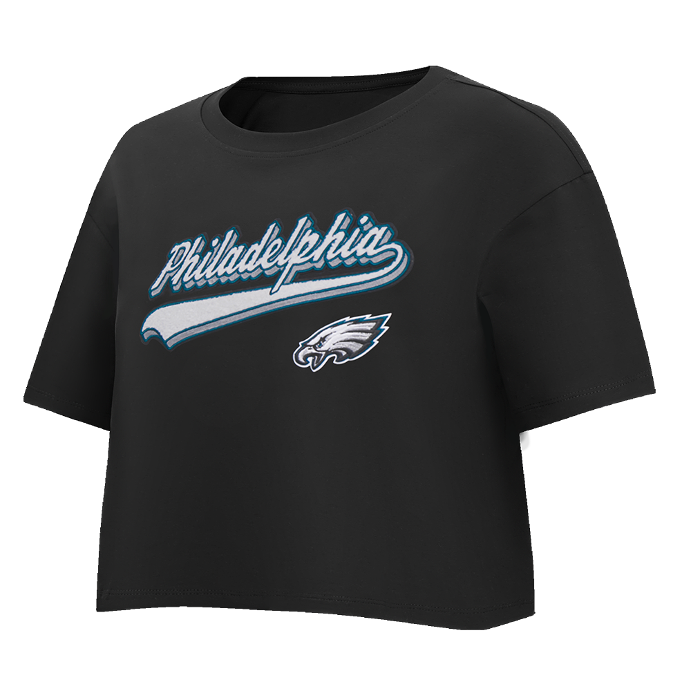 NFL PHILADELPHIA EAGLES SCRIPT TAIL WOMEN'S SINGLE JERSEY BOXY TEE (BLACK)