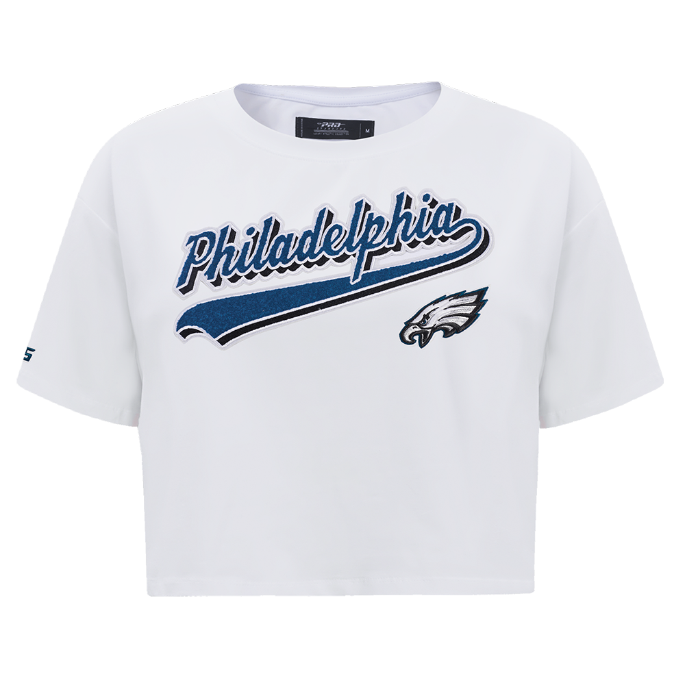 NFL PHILADELPHIA EAGLES SCRIPT TAIL T-SHIRT EN JERSEY SIMPLE À COUPE CARRÉE POUR FEMME (BLANC)