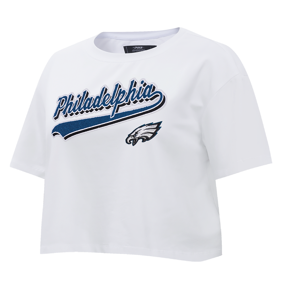 NFL PHILADELPHIA EAGLES SCRIPT TAIL WOMEN'S SINGLE JERSEY BOXY TEE (WHITE)