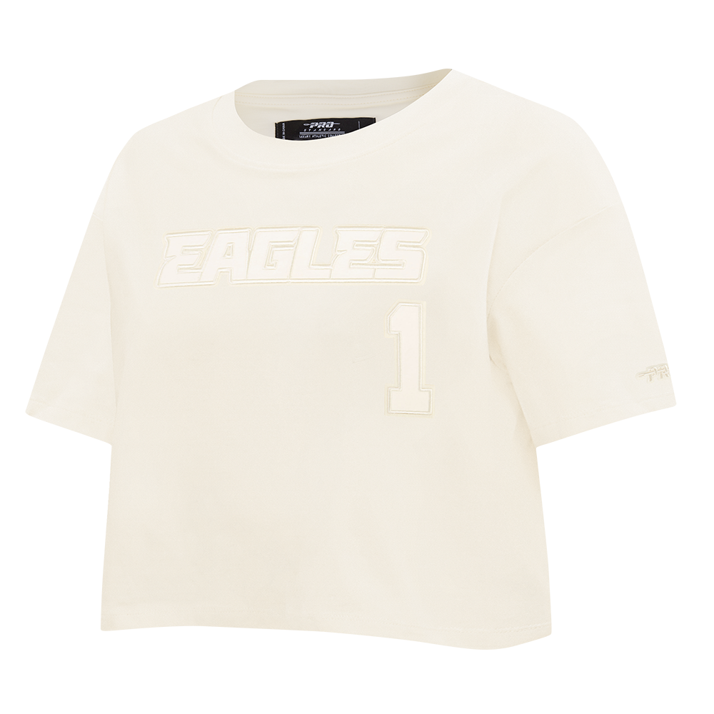NFL PHILADELPHIA EAGLES JALEN HURTS #1 NEUTRAL PNN T-SHIRT EN JERSEY SIMPLE À COUPE CARRÉE POUR FEMME (COQUILLE D'ŒUF)
