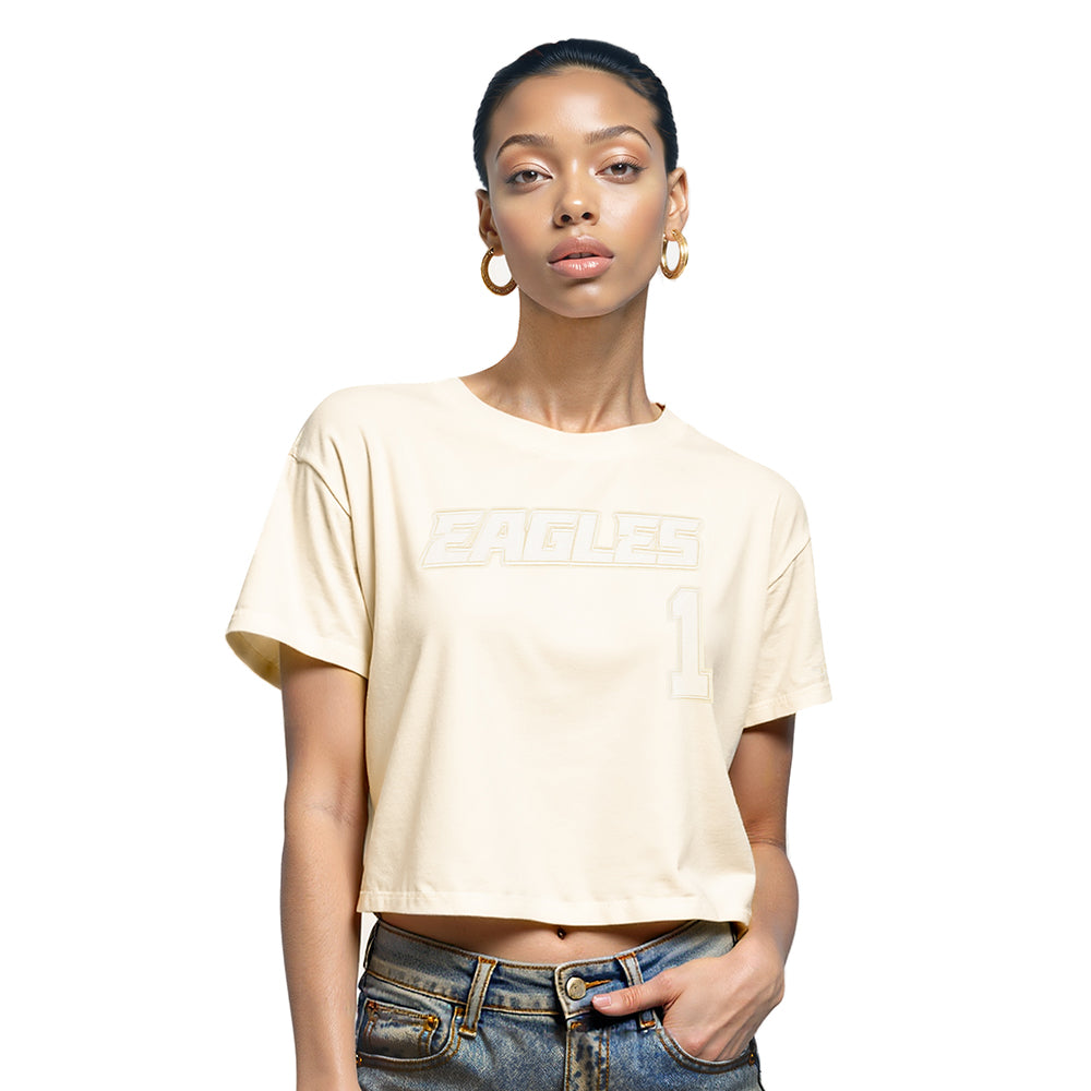 NFL PHILADELPHIA EAGLES JALEN HURTS #1 NEUTRAL PNN T-SHIRT EN JERSEY SIMPLE À COUPE CARRÉE POUR FEMME (COQUILLE D'ŒUF)