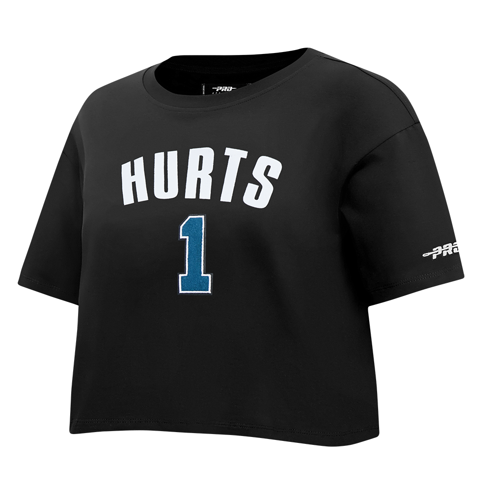 NFL PHILADELPHIA EAGLES JALEN HURTS #1 CLASSIC PNN WOMEN'S SJ BOXY TEE (BLACK)