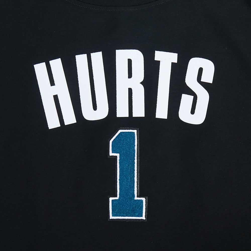 NFL PHILADELPHIA EAGLES JALEN HURTS #1 CLASSIC PNN WOMEN'S SJ BOXY TEE (BLACK)