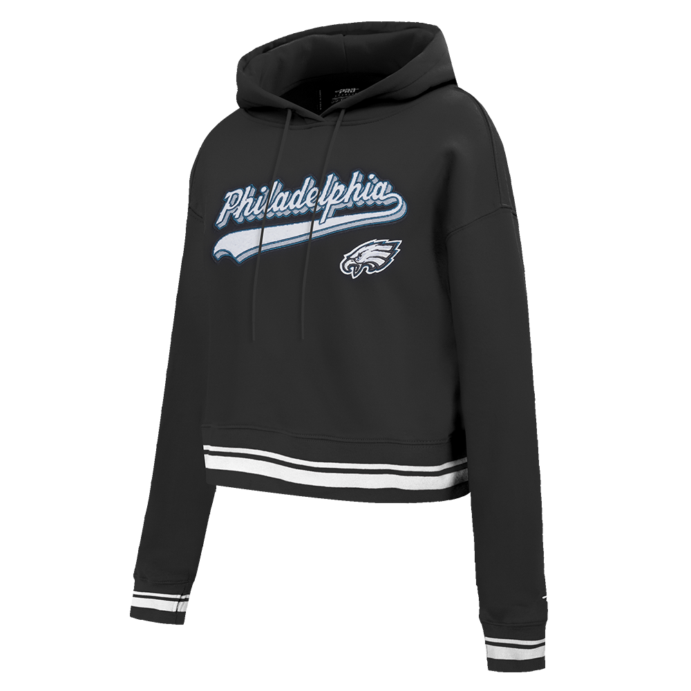NFL PHILADELPHIA EAGLES SCRIPT TAIL WOMEN'S RIB FLEECE CROPPED PULLOVER HOODIE (BLACK)