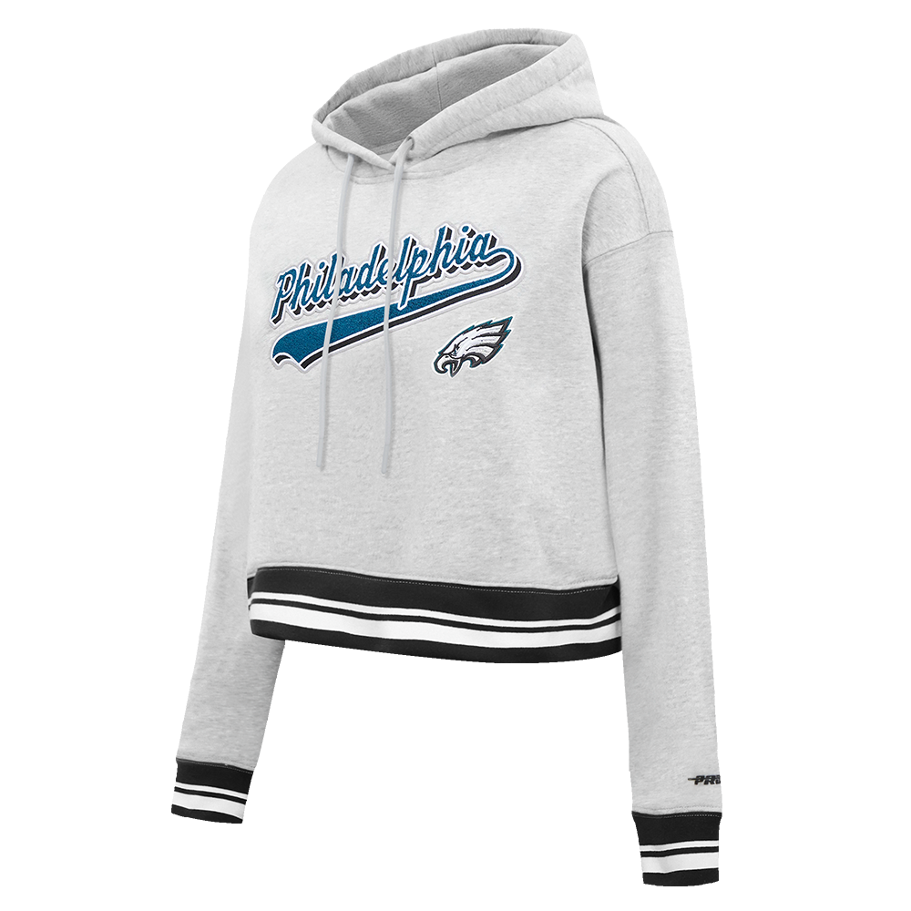NFL PHILADELPHIA EAGLES SCRIPT TAIL WOMEN'S  RIB FLEECE CROPPED PULLOVER HOODIE (HEATHER GRAY/BLACK)