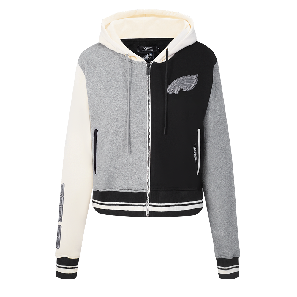 NFL PHILADELPHIA EAGLES REVERSE FRENCH TERRY MOLLETON À BLOCS DE COULEUR À GLISSIÈRE PLEINE LONGUEUR POUR FEMME (NOIR/GRIS/COQUILLE D'ŒUF)