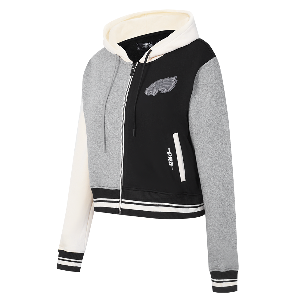 NFL PHILADELPHIA EAGLES REVERSE FRENCH TERRY WOMEN'S COLOR BLOCK FLEECE FULL ZIP (BLACK/GRAY/EGGSHELL)