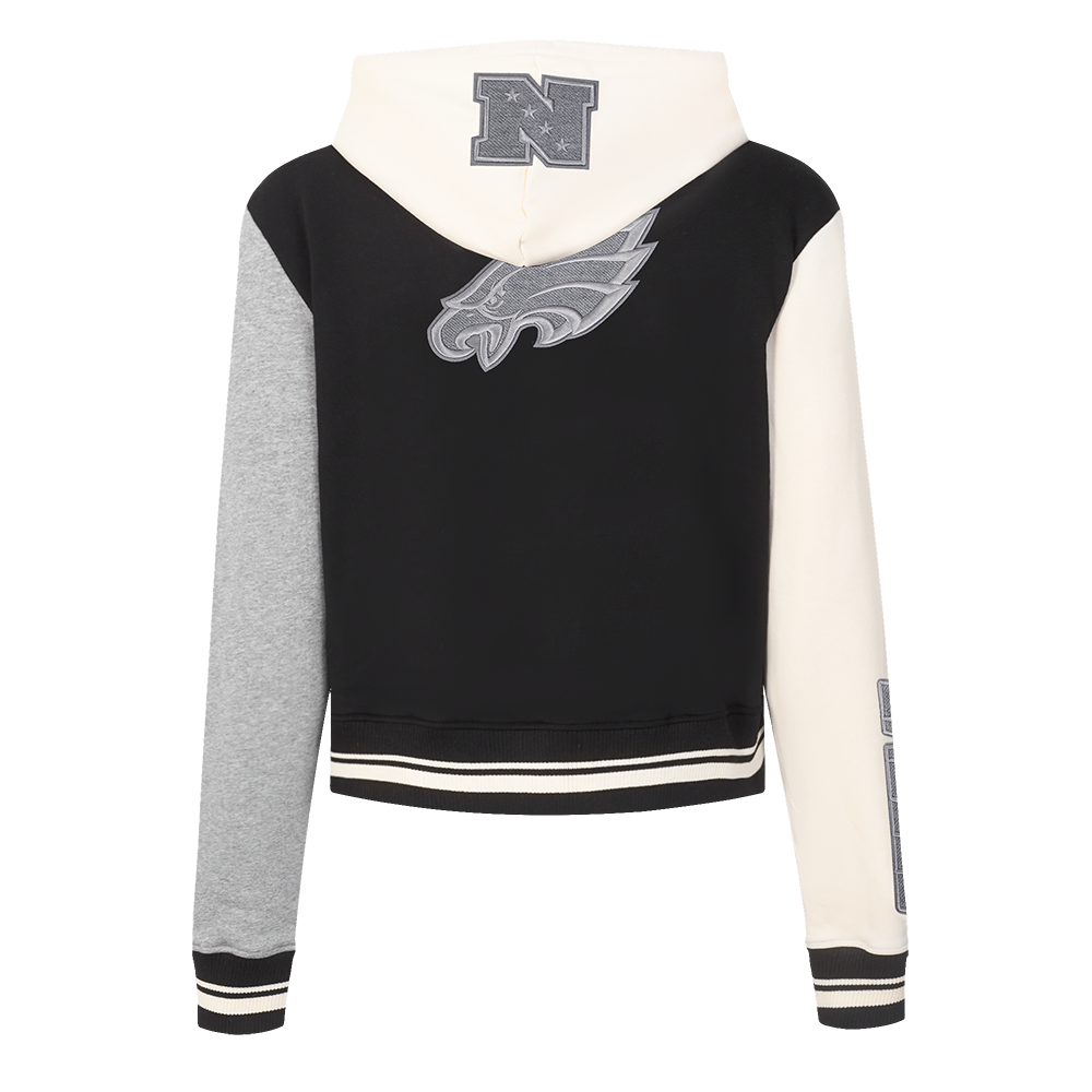 NFL PHILADELPHIA EAGLES REVERSE FRENCH TERRY MOLLETON À BLOCS DE COULEUR À GLISSIÈRE PLEINE LONGUEUR POUR FEMME (NOIR/GRIS/COQUILLE D'ŒUF)
