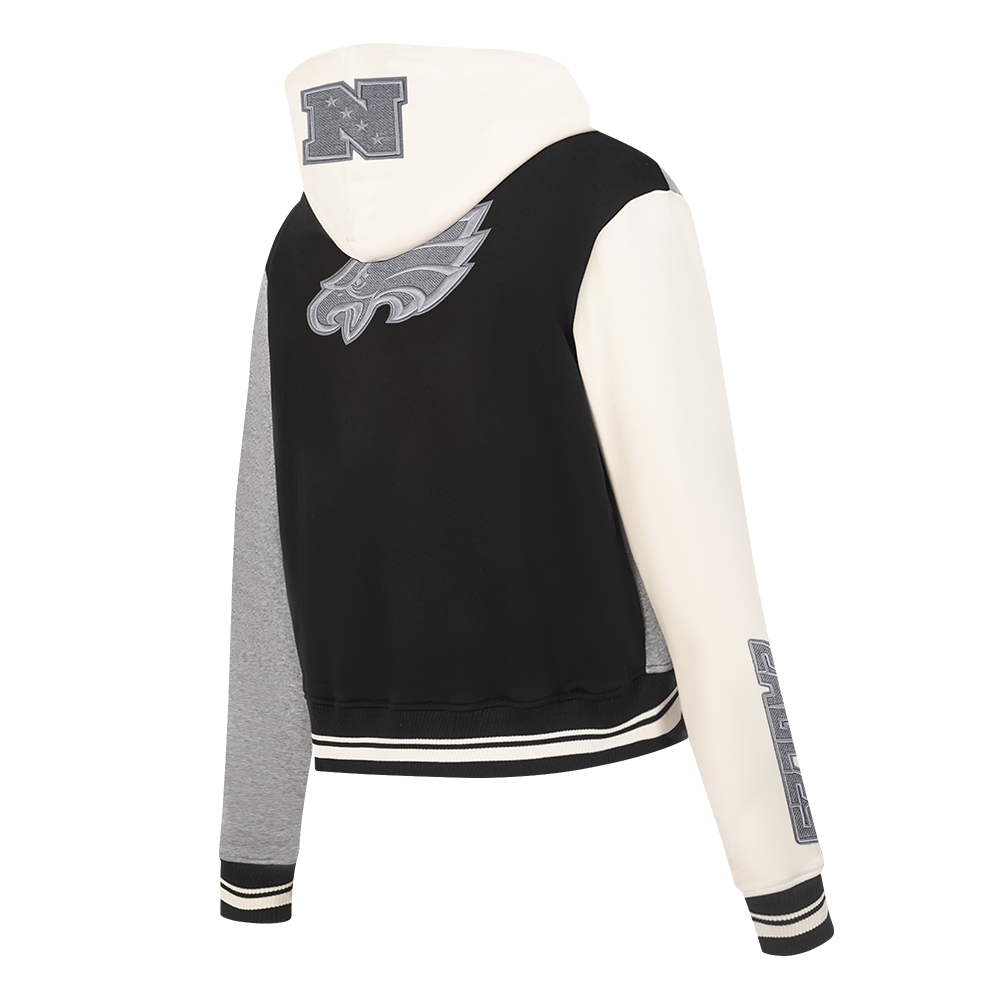 NFL PHILADELPHIA EAGLES REVERSE FRENCH TERRY MOLLETON À BLOCS DE COULEUR À GLISSIÈRE PLEINE LONGUEUR POUR FEMME (NOIR/GRIS/COQUILLE D'ŒUF)
