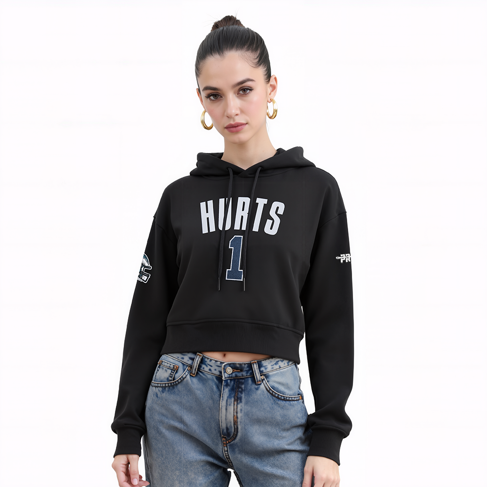 NFL PHILADELPHIA EAGLES JALEN HURTS #1 CLASSIC PNN WOMEN'S FLC CROPPED PO HOODIE (BLACK)