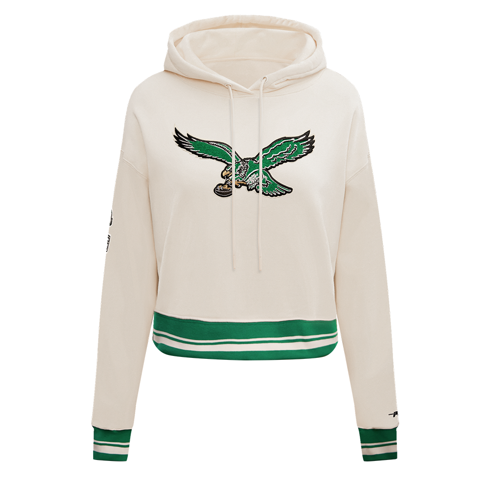 NFL PHILADELPHIA EAGLES RETRO CLASSIC WOMEN'S CROPPED PULLOVER HOODIE (EGGSHELL/KELLY GREEN)