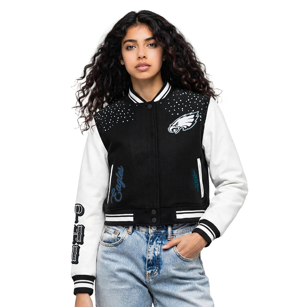 NFL PHILADELPHIA EAGLES LEGACY BLOUSON COLLÉGIAL COURT EN LAINE À BORDS CÔTELÉS POUR FEMME (NOIR/BLANC)