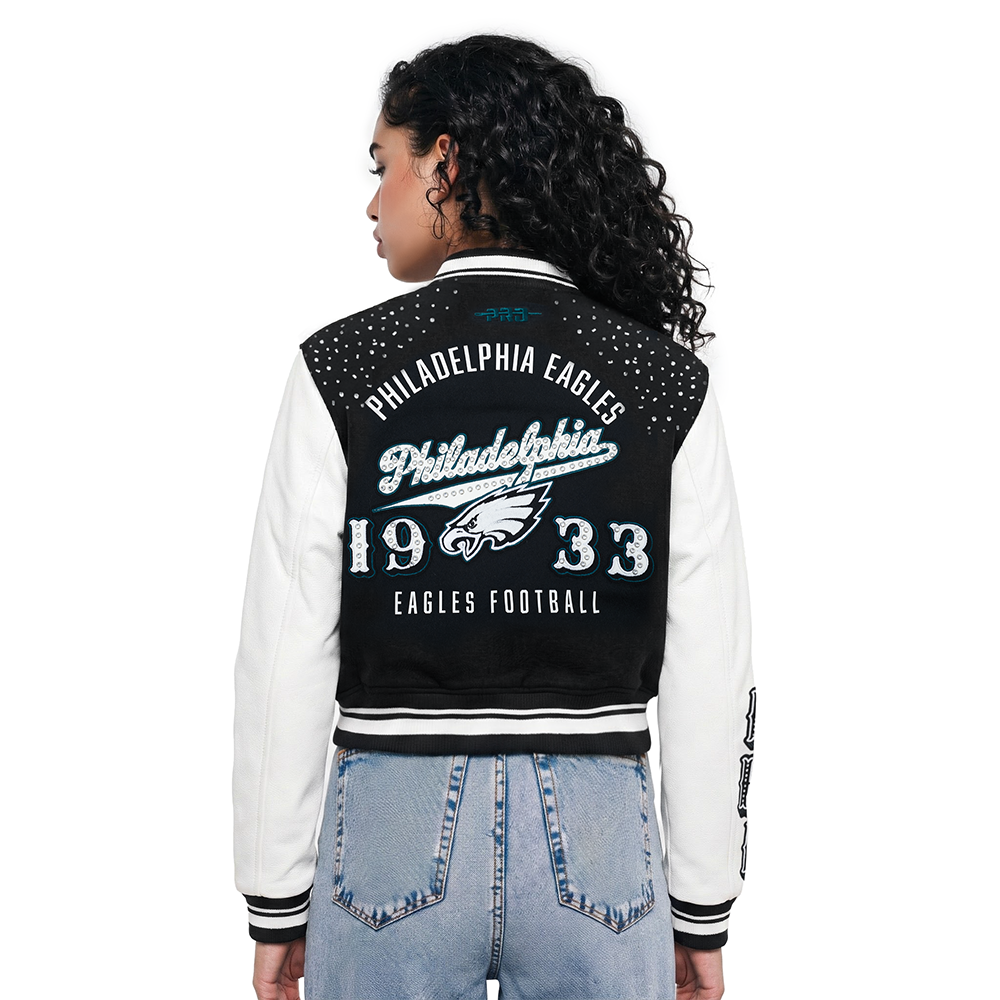 NFL PHILADELPHIA EAGLES LEGACY BLOUSON COLLÉGIAL COURT EN LAINE À BORDS CÔTELÉS POUR FEMME (NOIR/BLANC)