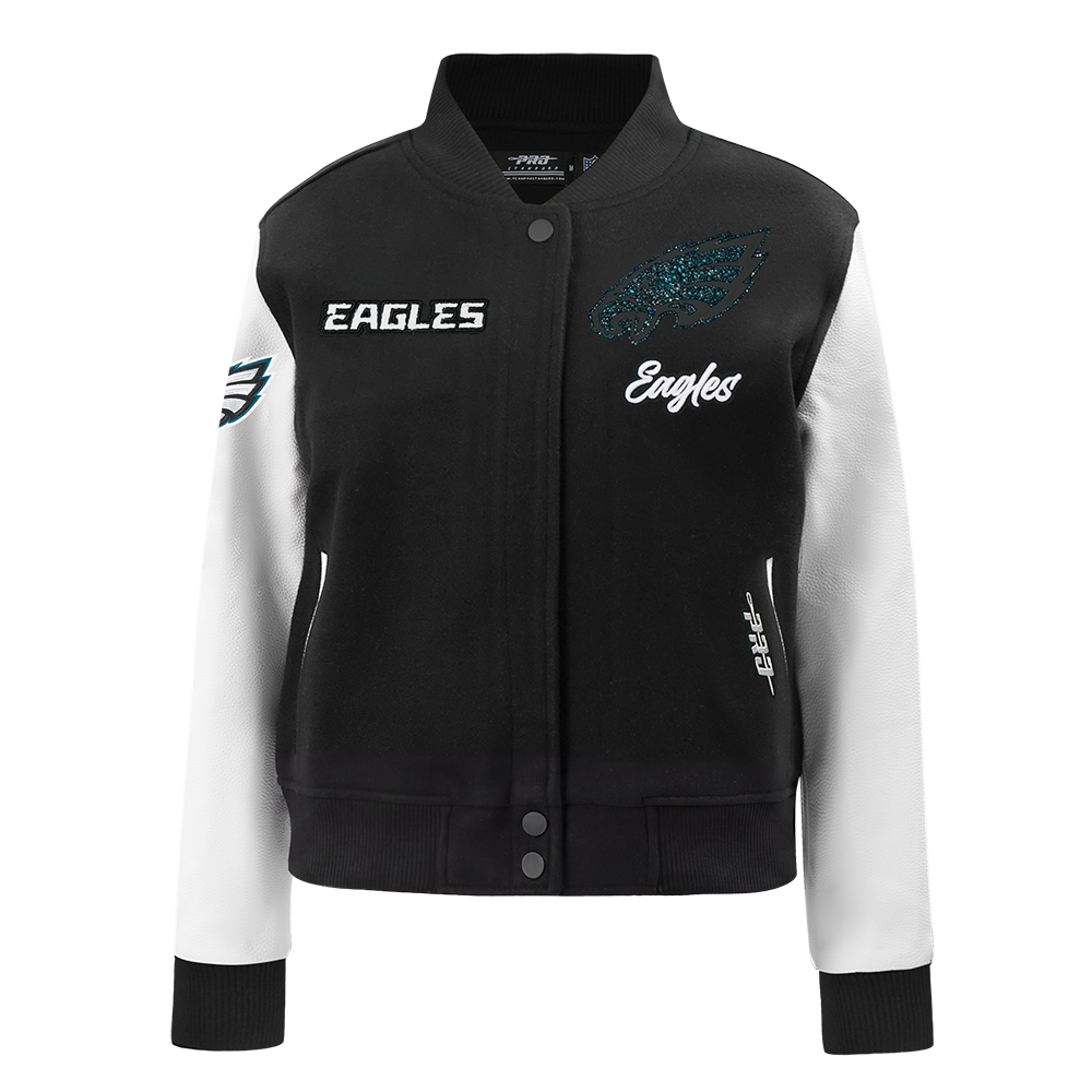 NFL PHILADELPHIA EAGLES TEAM CRYSTALLINE WOMEN'S VARSITY JACKET (BLACK/WHITE)