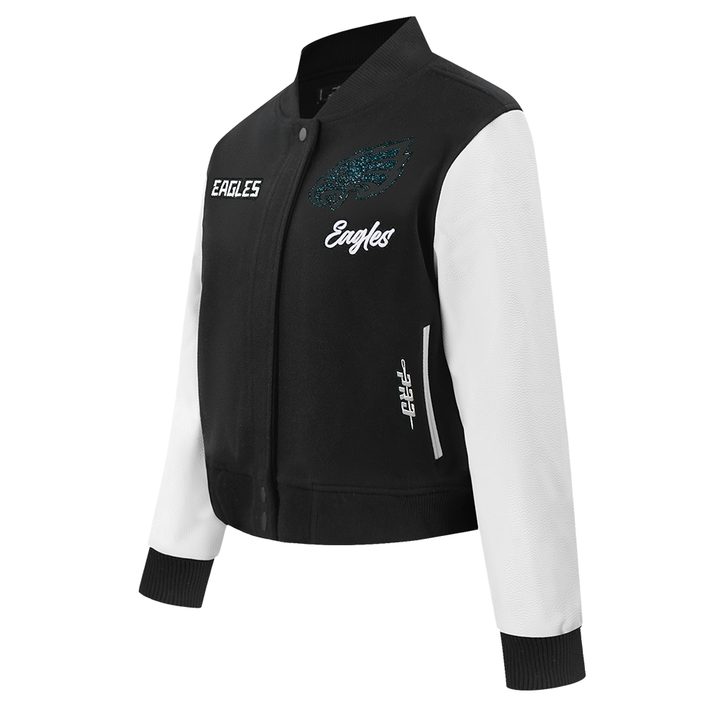 NFL PHILADELPHIA EAGLES TEAM CRYSTALLINE WOMEN'S VARSITY JACKET (BLACK/WHITE)