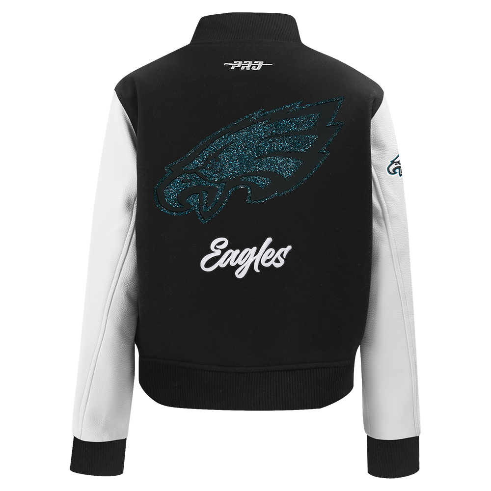 NFL PHILADELPHIA EAGLES TEAM CRYSTALLINE WOMEN'S VARSITY JACKET (BLACK/WHITE)