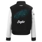 NFL PHILADELPHIA EAGLES TEAM CRYSTALLINE WOMEN'S VARSITY JACKET (BLACK/WHITE)