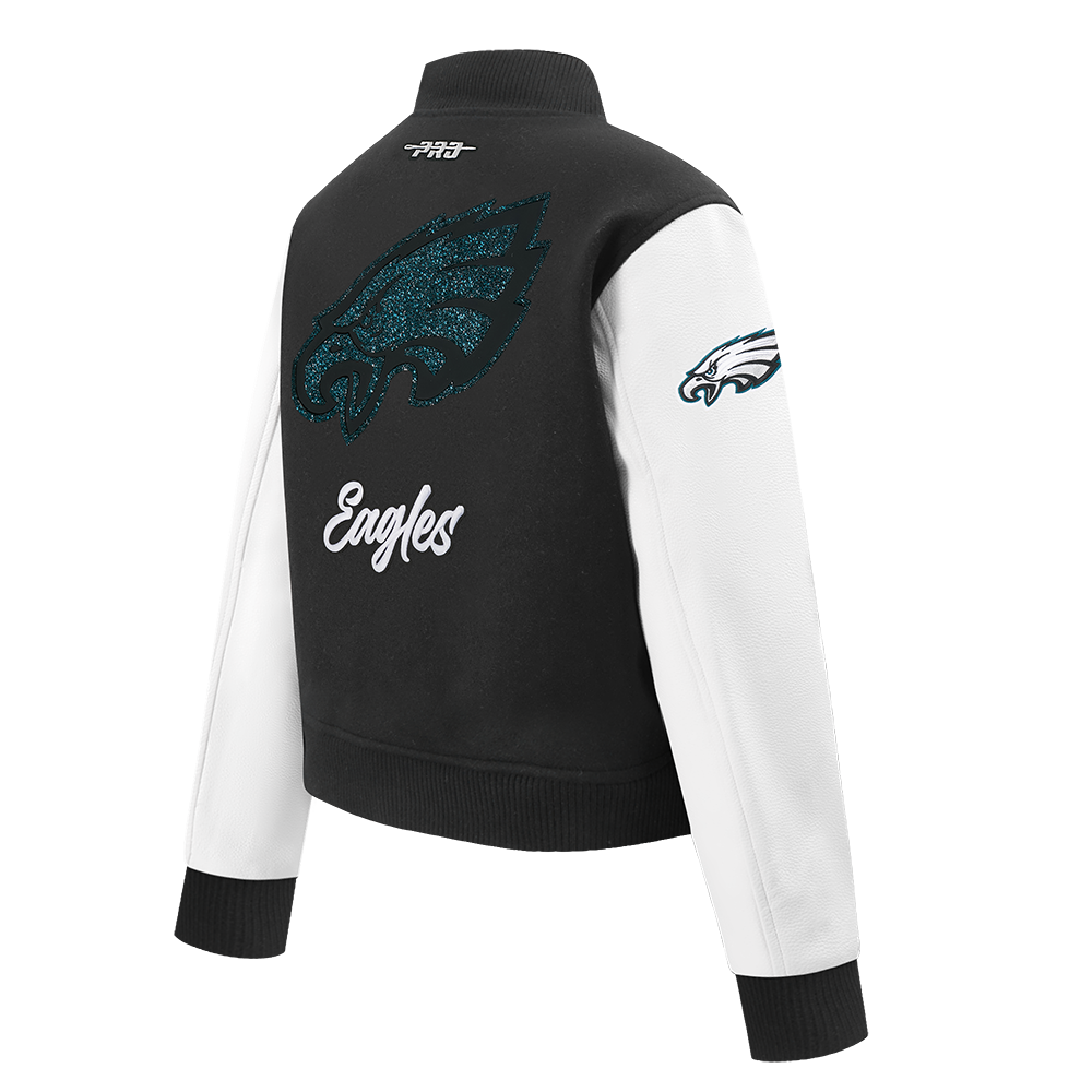 NFL PHILADELPHIA EAGLES TEAM CRYSTALLINE WOMEN'S VARSITY JACKET (BLACK/WHITE)