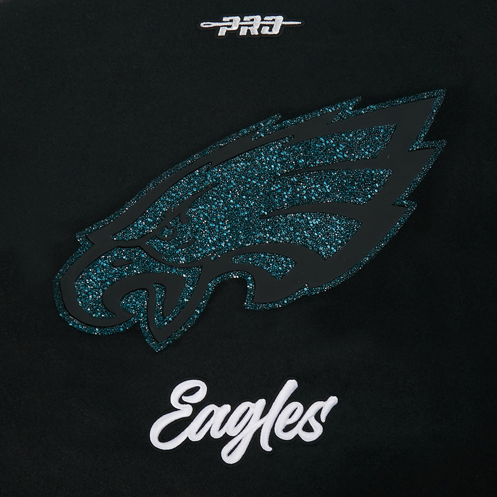 NFL PHILADELPHIA EAGLES TEAM CRYSTALLINE WOMEN'S VARSITY JACKET (BLACK/WHITE)
