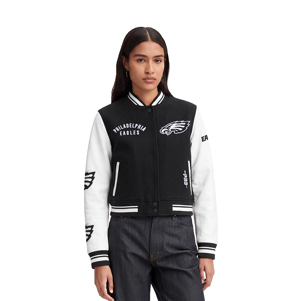 NFL PHILADELPHIA EAGLES WOMEN'S VARSITY JACKET (BLACK/WHITE)