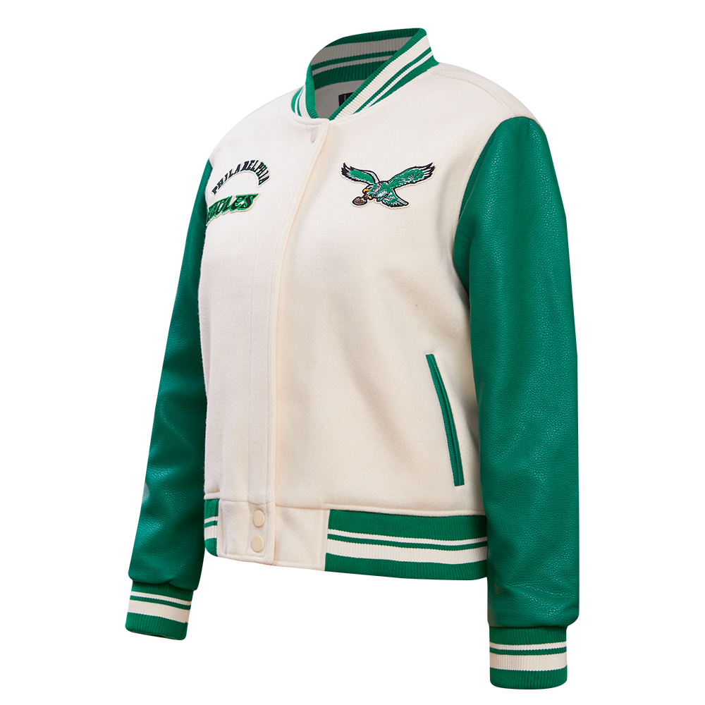 NFL PHILADELPHIA EAGLES RETRO CLASSIC WOMEN'S RIB WOOL VARSITY JACKET (EGGSHELL/ KELLY GREEN)