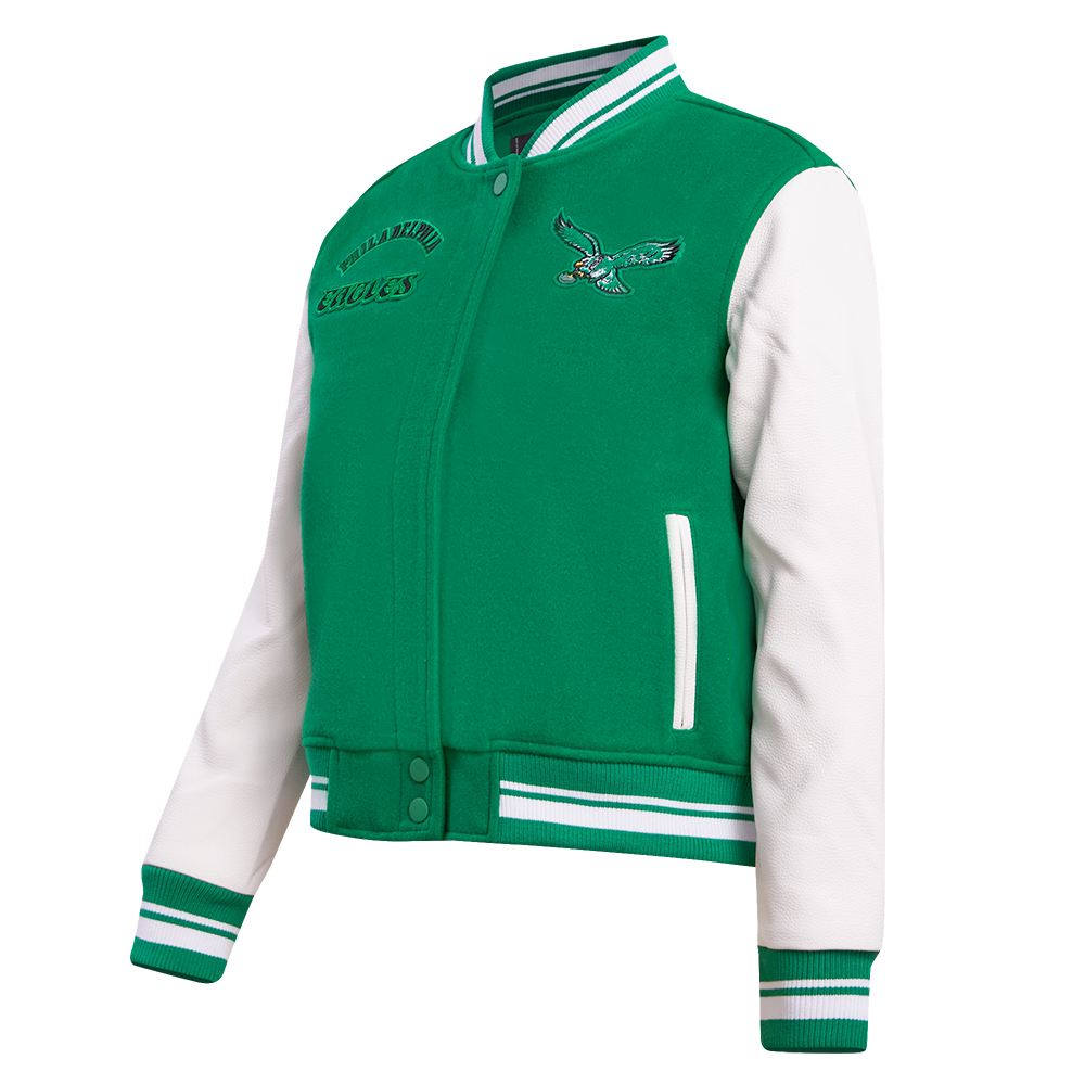 NFL PHILADELPHIA EAGLES RETRO CLASSIC WOMEN'S RIB WOOL VARSITY JACKET (KELLY GREEN/WHITE)